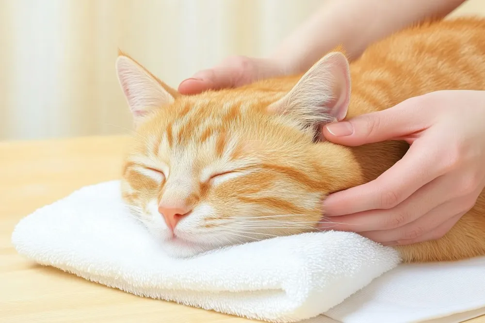 massage d'un chat roux